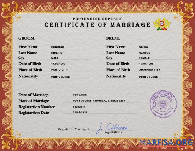 Printable Portugal marriage certificate PSD template